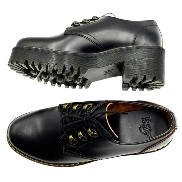Dr. Martens Leona Low Platform Derby Shoes - Black Vintage Smooth Leather Size 9